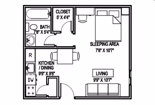 A Studio 380sf 1111 floor plan